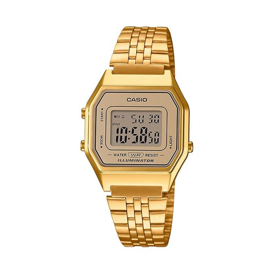 Casio Vintage LA680WGA-9DF Digital Gold Dial Women Watch Gold Stainless Steel Strap (D345)