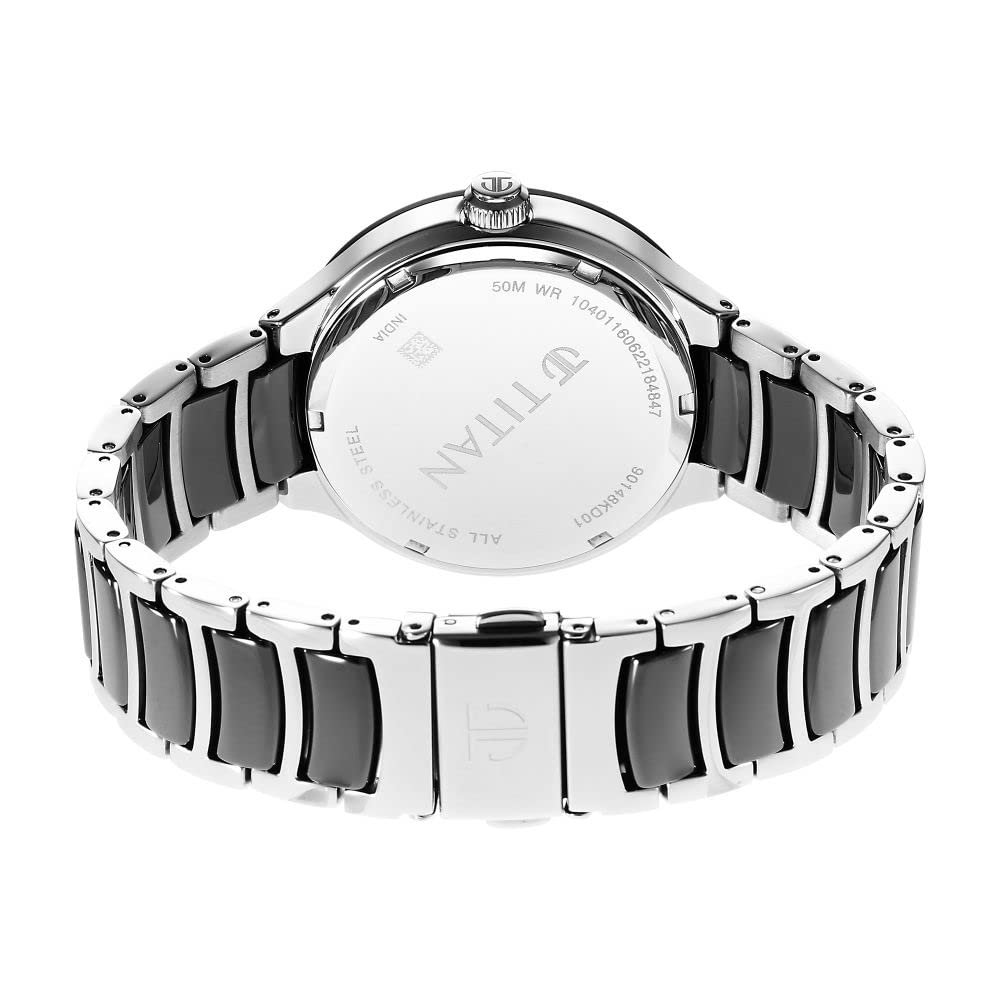 Titan Ceramic Fusion Quartz Multifunction Black Dial Two Toned Silver and Black Stainless Steel Bracelet Watch for Men - NT90148KD01