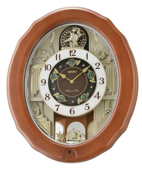 SEIKO Elegant Brown Oval Wooden Hourly Chime 30 Melody in Motion Home Decor Wall Clock with One Way Rotating Pendulum - QXM604BT