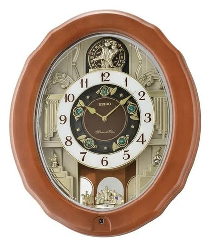 SEIKO Elegant Brown Oval Wooden Hourly Chime 30 Melody in Motion Home Decor Wall Clock with One Way Rotating Pendulum - QXM604BT
