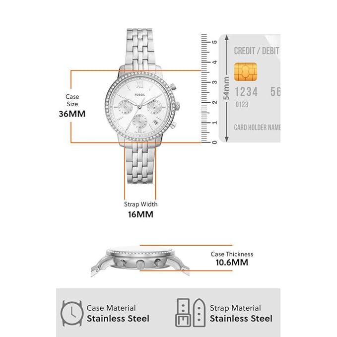 Fossil Womens 36 mm Neutra Silver Dial Stainless Steel Chronograph Watch - ES5217I