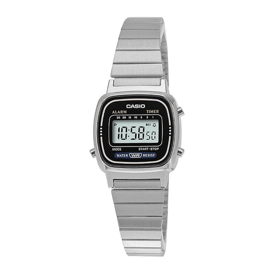Casio Men Vintage LA670WA-1DF Black Digital Dial Silver Stainless Steel Band D089