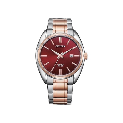 Citizen Quartz Wine Red Sun Ray Dial Silver Stainless Steel and Rose Gold Men Watch -  BI510457X