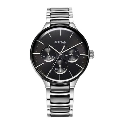 Titan Ceramic Fusion Quartz Multifunction Black Dial Two Toned Silver and Black Stainless Steel Bracelet Watch for Men - NT90148KD01