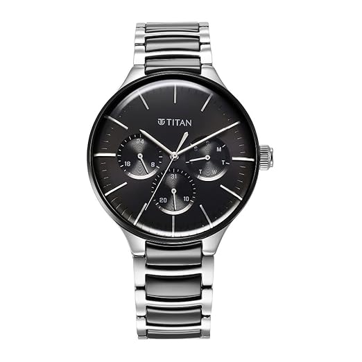 Titan Ceramic Fusion Quartz Multifunction Black Dial Two Toned Silver and Black Stainless Steel Bracelet Watch for Men - NT90148KD01