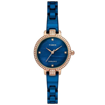 TIMEX Analog Watch for Women with Mother of Pearl Blue Round Dial & Blue Ceramic Bracelet Band Water Resistant Women's Wrist Watches - TWEL15702