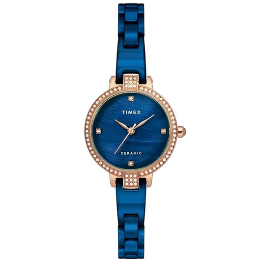 TIMEX Analog Watch for Women with Mother of Pearl Blue Round Dial & Blue Ceramic Bracelet Band Water Resistant Women's Wrist Watches - TWEL15702