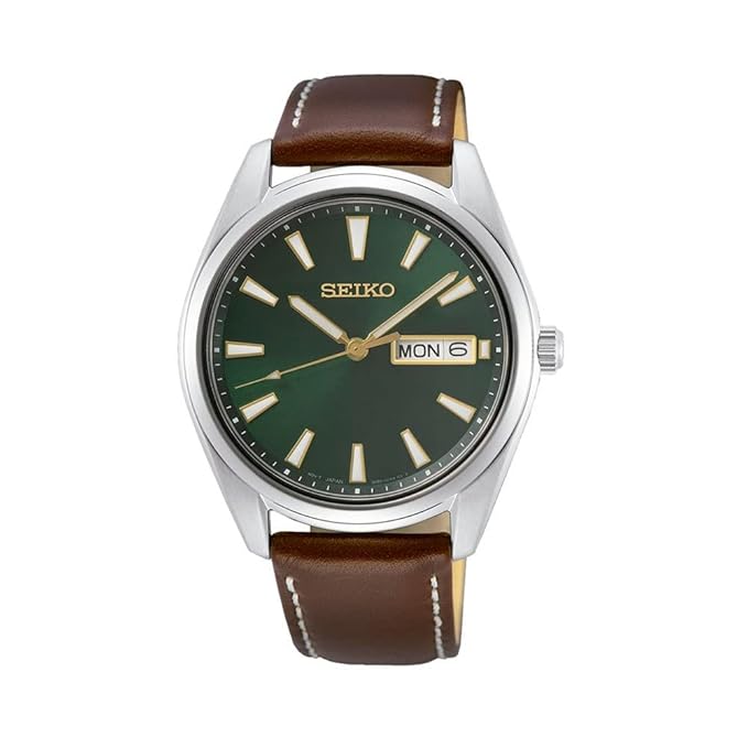 Seiko Dress Analog Green Dial Men's Watch-SUR449P1 Genuine Leather, Brown Strap