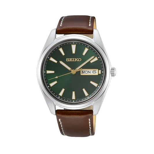 Seiko Dress Analog Green Dial Men's Watch-SUR449P1 Genuine Leather, Brown Strap