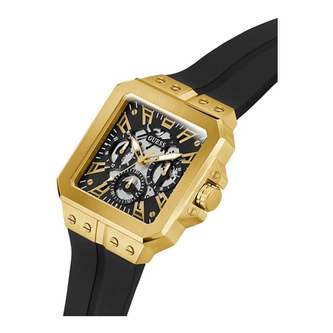 GUESS Men's 42mm Watch - Black Strap Black Dial Gold Tone Case GW0637G2
