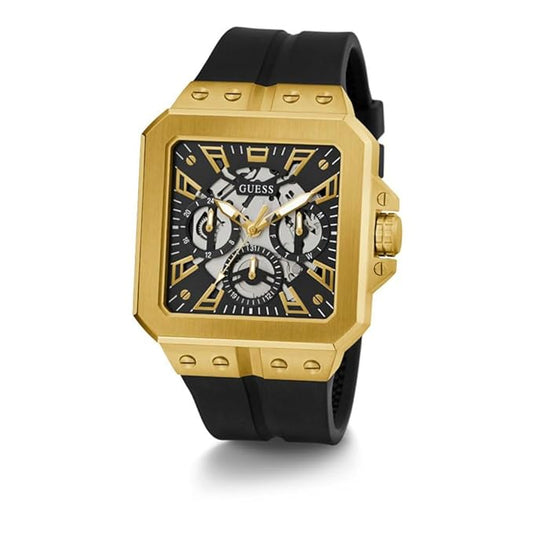 GUESS Men's 42mm Watch - Black Strap Black Dial Gold Tone Case GW0637G2