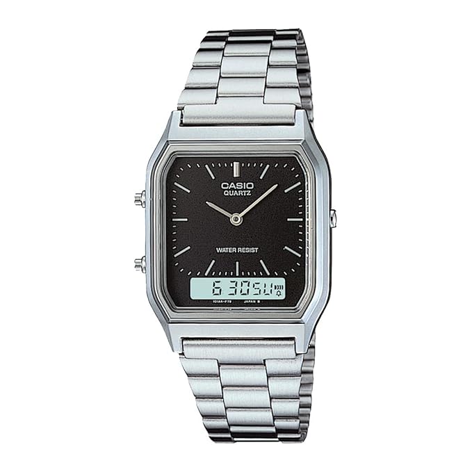 Casio Vintage AQ-230A-1DMQ Analog-Digital Black Dial Unisex Watch Silver Metal Strap (AD01)