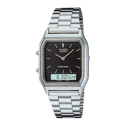 Casio Vintage AQ-230A-1DMQ Analog-Digital Black Dial Unisex Watch Silver Metal Strap (AD01)
