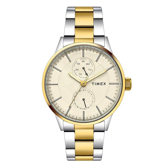 TIMEX Analog Watch for Man with Beige Round Dial & Two Tone Stainless Steel Bracelet Band Water Resistant Men's Wrist Watches - TWEG19906
