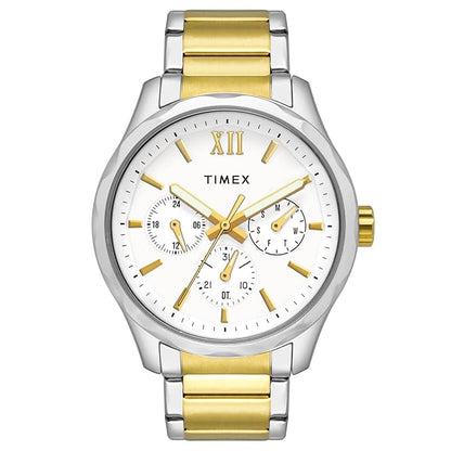 TIMEX Analog Watch for Man with White Round Dial & Two Tone Stainless Steel Bracelet Band Water Resistant Men's Wrist Watches - TW0TG7616