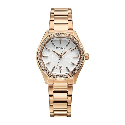 Titan Glamour Silver Round Dial Stainless Steel Watch for Women - 95326WM01