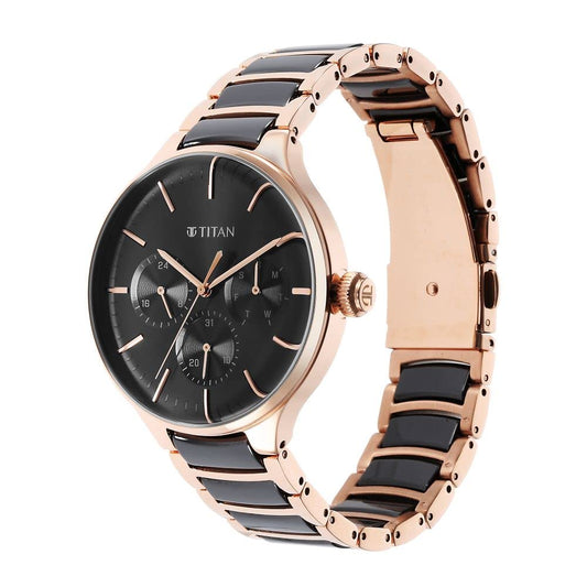 Titan Ceramic Fusion Quartz Multifunction Black Dial Two Toned Rose Gold and Black Stainless Steel Bracelet Watch for Men - NT90148KD03