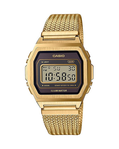 Casio Unisex Vintage A1000MGA-5DF Black Digital Dial Gold Stainless Steel Mesh Band D277