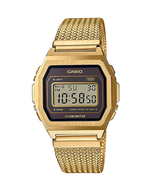 Casio Unisex Vintage A1000MGA-5DF Black Digital Dial Gold Stainless Steel Mesh Band D277