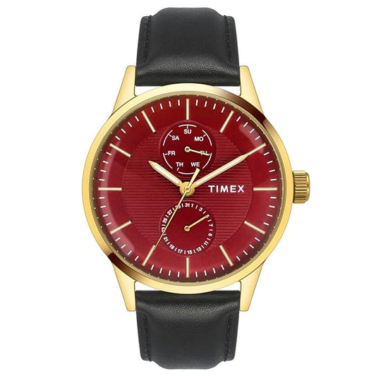 TIMEX Analog Watch for Man with Red Round Dial & Black Leather Strap Band Water Resistant Men's Wrist Watches - TWEG19938