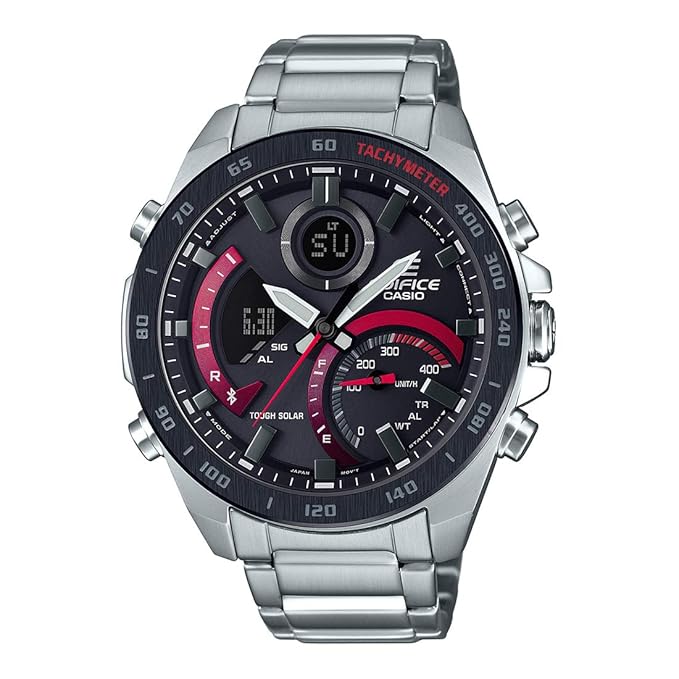 Casio Edifice ECB-900DB-1ADR Black & Red Analog-Digital Dial Silver Stainless Steel Band Men's Watch Smartphone Link World Time EX499