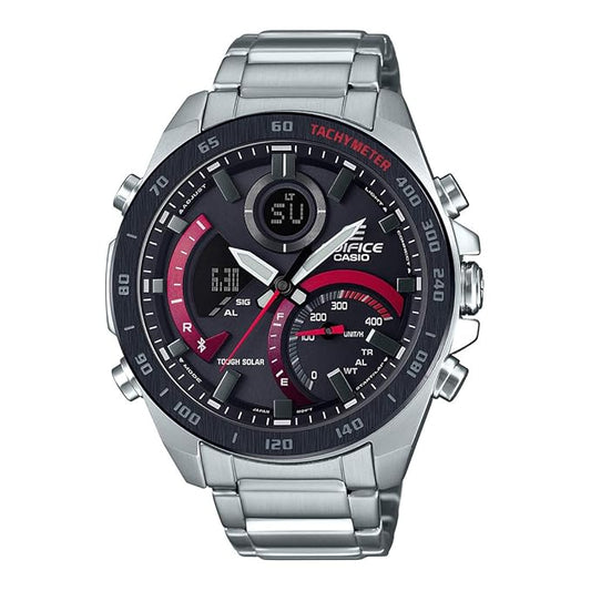 Casio Edifice ECB-900DB-1ADR Black & Red Analog-Digital Dial Silver Stainless Steel Band Men's Watch Smartphone Link World Time EX499