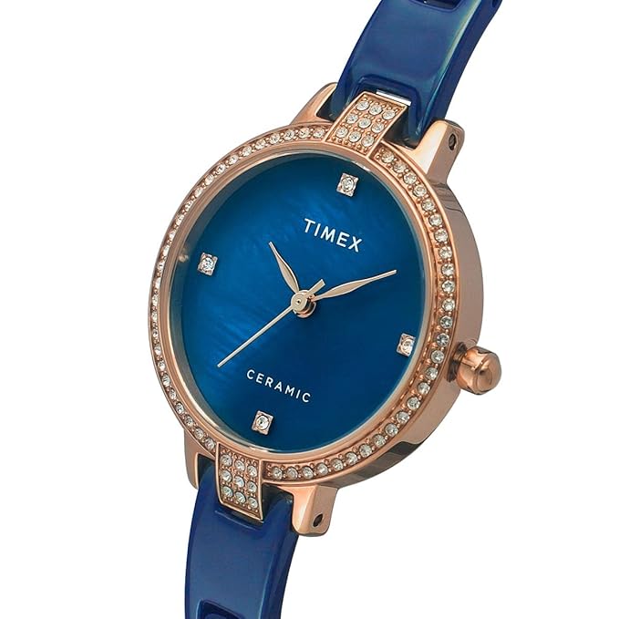 TIMEX Analog Watch for Women with Mother of Pearl Blue Round Dial & Blue Ceramic Bracelet Band Water Resistant Women's Wrist Watches - TWEL15702