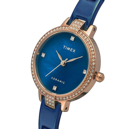 TIMEX Analog Watch for Women with Mother of Pearl Blue Round Dial & Blue Ceramic Bracelet Band Water Resistant Women's Wrist Watches - TWEL15702