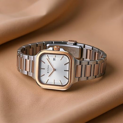 Titan Slim Square Quartz Analog with Date Silver Dial with Two Toned Color Stainless Steel Strap Watch for Women - 95291KM01