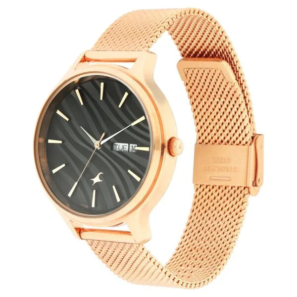Fastrack Ruffles Quartz Analog with Day and Date Black Dial Stainless Steel Strap Watch for Girls NU6207WM01