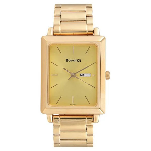 Sonata Quartz Analog with Day and Date Champagne Dial Stainless Steel Strap Watch for Men nu7078ym04