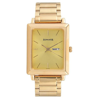 Sonata Quartz Analog with Day and Date Champagne Dial Stainless Steel Strap Watch for Men nu7078ym04