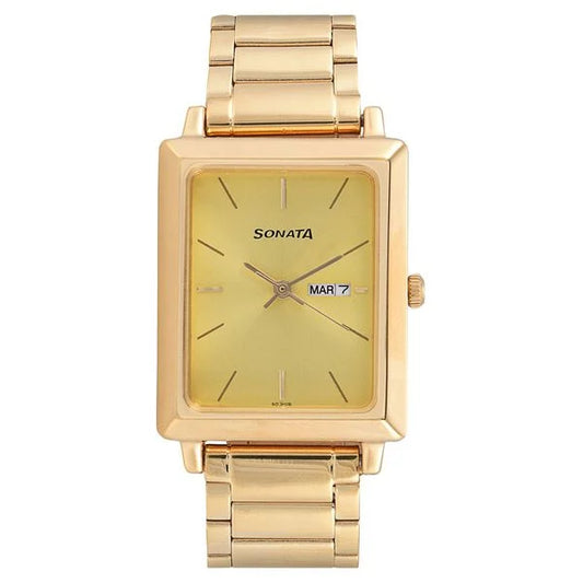 Sonata Quartz Analog with Day and Date Champagne Dial Stainless Steel Strap Watch for Men nu7078ym04