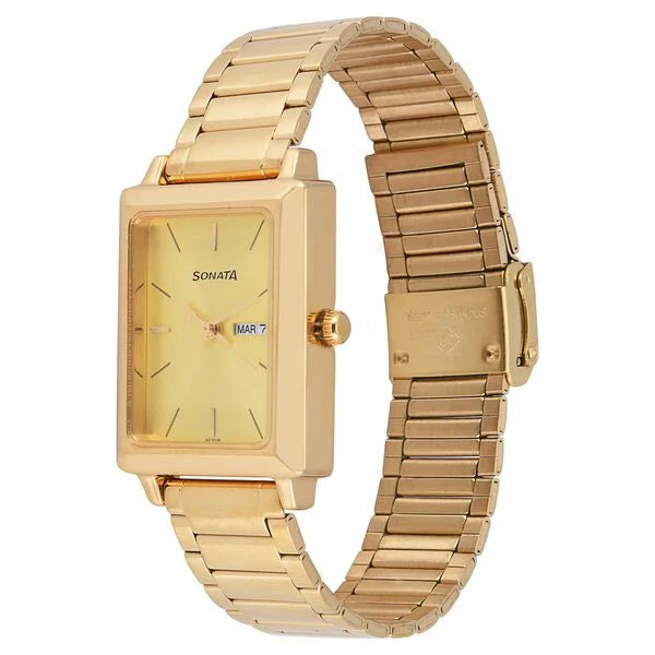 Sonata Quartz Analog with Day and Date Champagne Dial Stainless Steel Strap Watch for Men nu7078ym04