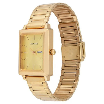 Sonata Quartz Analog with Day and Date Champagne Dial Stainless Steel Strap Watch for Men nu7078ym04