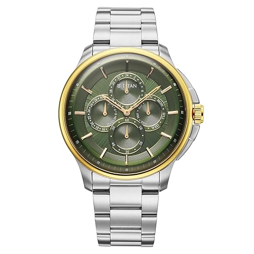 Titan Classique Four Eye Multifunction Analog with Green Dial Silver Stainless Steel Strap Watch for Men - 90217BM02