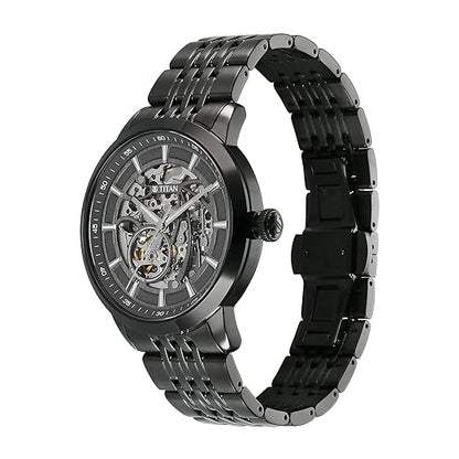 Titan Phoenix Skeletal Automatic Analog with Gun Dial Black Stainless Steel Strap Watch for Men - ‎90223NM01