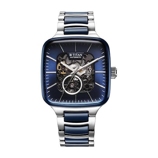 Titan Ceramic Fusion Automatic Blue Dial Two Toned Silver Stainless Steel & Blue Ceramic Strap Watch for Men - NT90175KD02