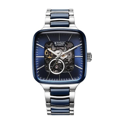 Titan Ceramic Fusion Automatic Blue Dial Two Toned Silver Stainless Steel & Blue Ceramic Strap Watch for Men - NT90175KD02