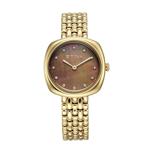 Titan Aura Quartz Analog Brown Mother of Pearl Dial Golden Stainless Steel Strap Watch for Women-95241YM01/NT95241YM01