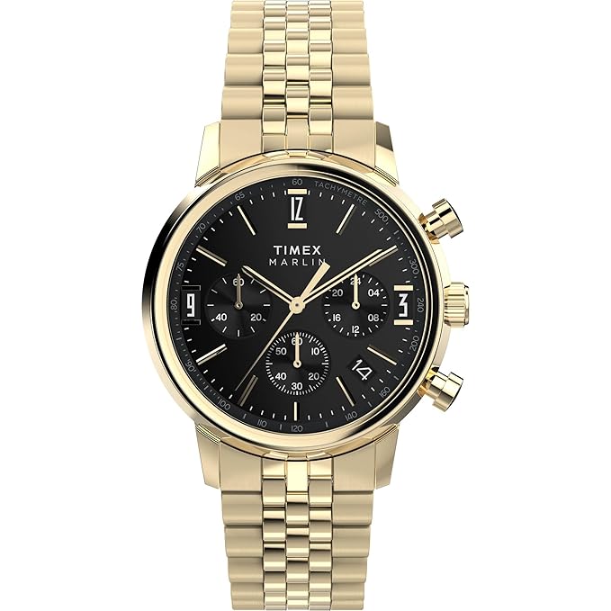 TIMEX Marlin Analog Black Round Dial & Gold Stainless Steel Bracelet Band Water Resistant Men's Wrist Watch - TWEG26706