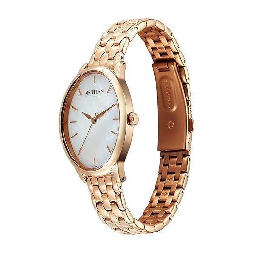 Titan Secluded Quartz Analog Mother of Pearl Dial Rose Gold Stainless Steel Strap Watch for Women - 2707WM01