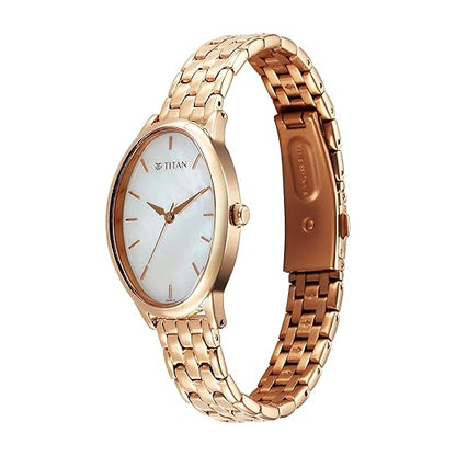 Titan Secluded Quartz Analog Mother of Pearl Dial Rose Gold Stainless Steel Strap Watch for Women - 2707WM01