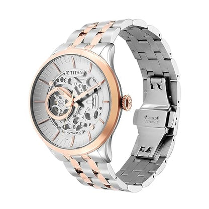 Titan Metal Mechanicals Automatic White Dial Two Toned Silver and Rose Gold Stainless Steel Strap Watch for Men - NT90140KM01
