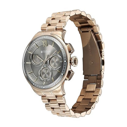 Titan Classique Half Cut Chronograph Quartz Analog with Anthracite Dial Carnation Gold Stainless Steel Strap Watch for Men - 90218WM01