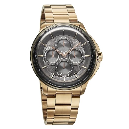 Titan Classique Four Eye Multifunction Analog with Anthracite Dial Carnation Gold Stainless Steel Strap Watch for Men - 90217KM02