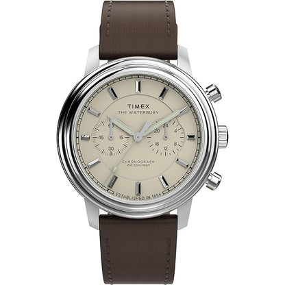 TIMEX Waterbury Metropolitan Analog Cream Round Dial & Brown Leather Strap Band Water Resistant Men's Wrist Watch - TW2Y23500IK