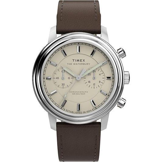 TIMEX Waterbury Metropolitan Analog Cream Round Dial & Brown Leather Strap Band Water Resistant Men's Wrist Watch - TW2Y23500IK