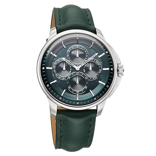 Titan Classique Four Eye Multifunction Analog with Green Dial Green Leather Strap Watch for Men - 90217SL02