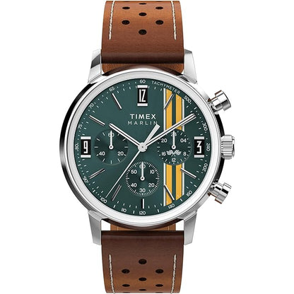 TIMEX Marlin Analog Green Round Dial & Brown Leather Strap Band Water Resistant Men's Wrist Watch - TW2W99100IK